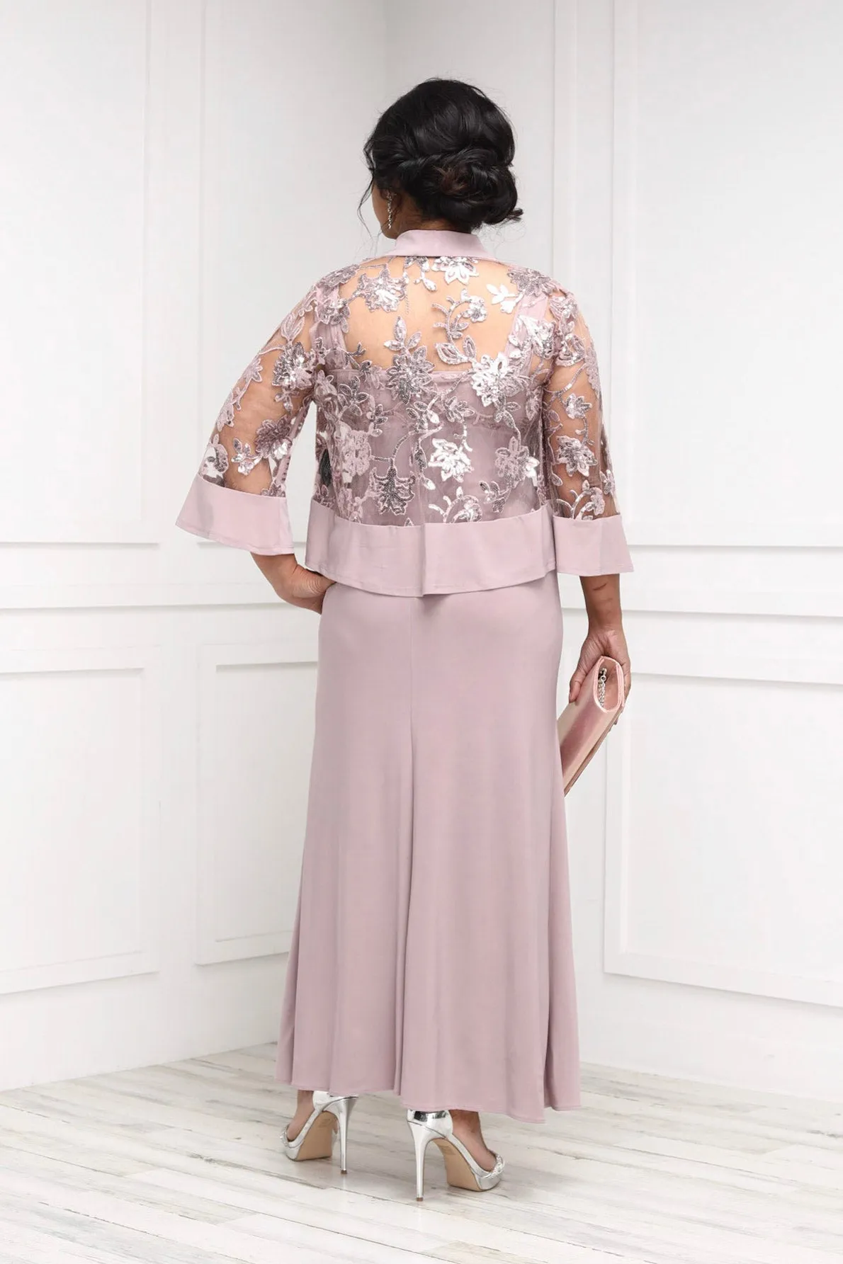 Women's 2 Piece Sequin Lace Jacket Long Dress