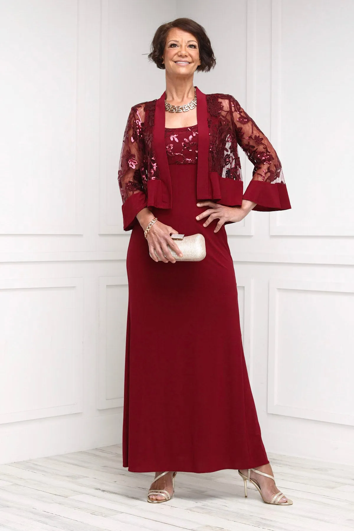 Women's 2 Piece Sequin Lace Jacket Long Dress